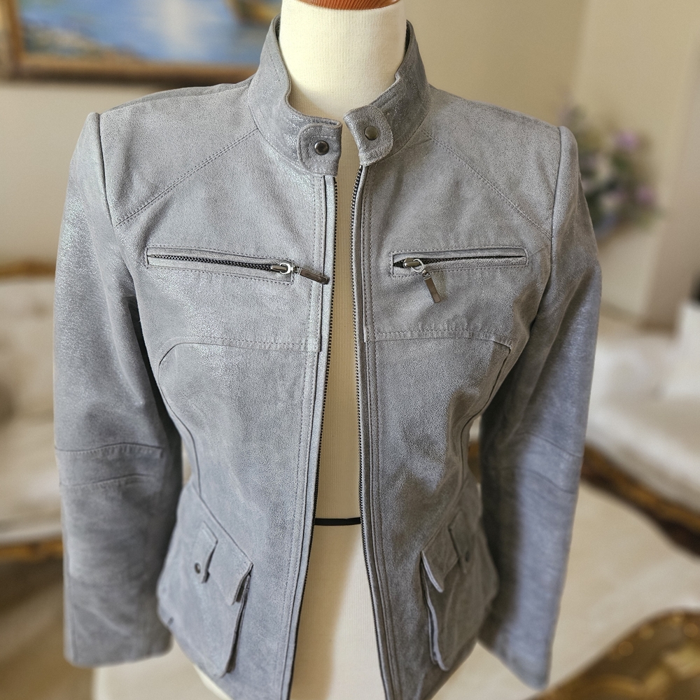 Alfani Women's Genuine Leather Zip Up Jacket Gray Silver